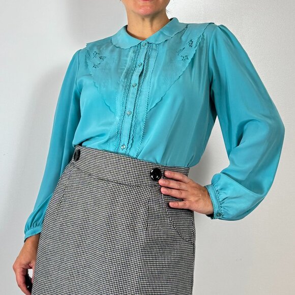 Vintage VIRONA Light Teal Embroidered Long Sleeve Blouse - Size 40 EU - Picture 3 of 11